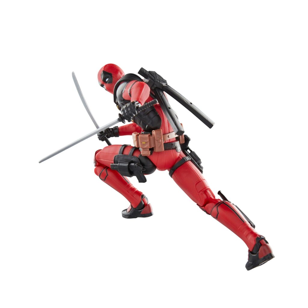 Figurine Marvel Legends Deadpool inspirée de Deadpool et Wolverine avec costume rouge et noir, articulations et accessoires interchangeables