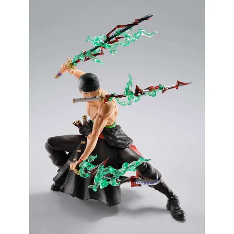 Figurine One Piece Roronoa Zoro King of Hell S.H.Figuarts de Tamashii Nations représentant le célèbre sabreur avec ses trois sabres et les effets du Haki